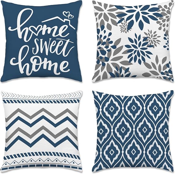 Bonsai Tree Geometric Blue Pillow Covers 18x18 Set of 4, Decorative Outdoor Modern Boho Throw Pillow Covers, Home Sweet Home Farmhouse Cushion Case for Couch Sofa Bedroom Living Room Decor(No Insert)