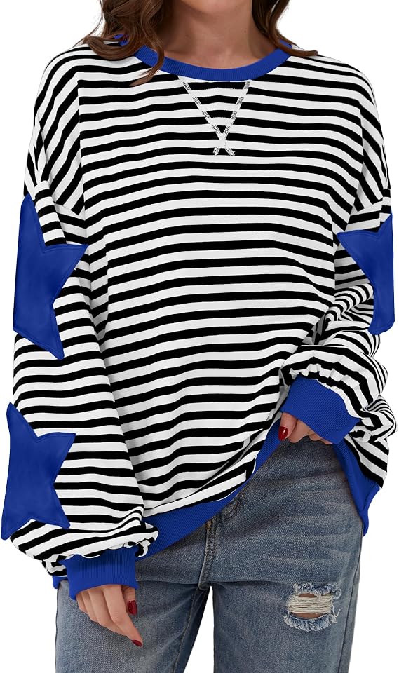 TERIVEEK Women Oversized Striped Color Block Long Sleeve Crew Neck Sweatshirt Casual Loose Pullover Y2K Shirt Top