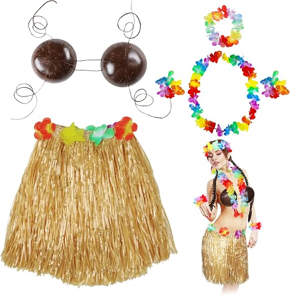 Tigeen 6 Pcs Coconut Bra Hawaiian Grass Skirt Costume for Women
