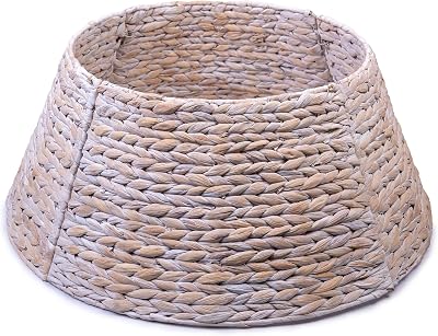24in Christmas Tree Collar, Christmas Tree Ring Adjustable Water Hyacinth Skirt, Christmas Tree Skirt for Decoration, Base Protection from Pets White