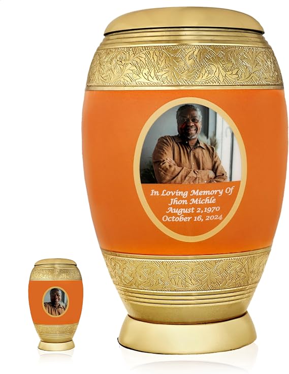 10.5" Orange Personalized Large Size Picture Cremation Urns for Human Ashes Embrace Adult Funeral Urn for Men and Women with Gift 4 Inch Keepsake and Velvet Bag.
