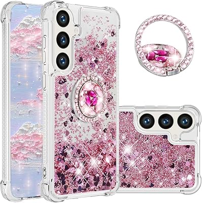 Glitter Clear Case for Samsung Galaxy S25 Plus S24 Plus with Diamond Ring Stand, Bling Sparkle Flowing Liquid Quicksand Soft TPU Shockproof Cover for Galaxy S25 Plus S24 Plus LSZ Rose Gold