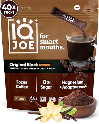 IQJOE Mushroom Coffee Packets - Original Black | 40 Stick Packs | Lions Mane, Magnesium L-Threonate, Adaptogens | Instant Coffee for Jitter-Free Focus, Clarity & Energy | Keto, Vegan, Zero Sugar