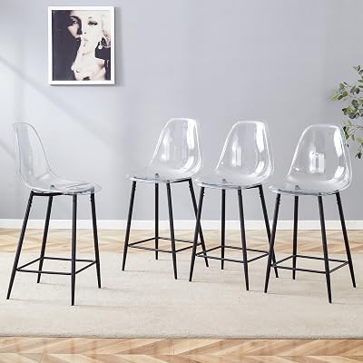 JUFU Transparent Acrylic Bar Stools, Modern Counter Height Bar Chairs with Carbon Steel Legs, Durable and Easy to Clean, Acrylic Kitchen Island Stools for Home, Restaurant Black, Set of 4