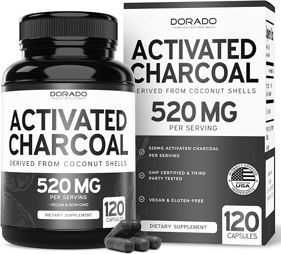 Organic Activated Charcoal Pills (120 Capsules) Activated Charcoal Derived From Coconut Shells Support Bloating & Detox 520mg Per Serving for Women & Men - Third Party Tested - Non GMO & USA Made
