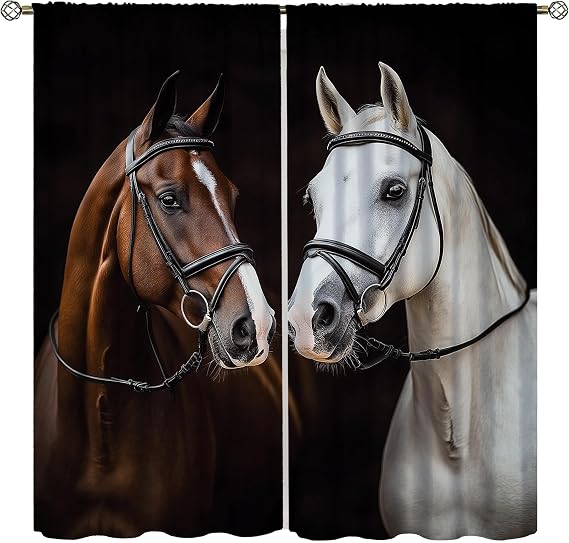 Horse Curtains, West Country Black Stables White Brown Horses Wildlife Decor Windows Treatments, Thermal Insulation Rod Pocket Drapes for Kids Boys Girls Living Room Bedroom Bathroom 42x45in