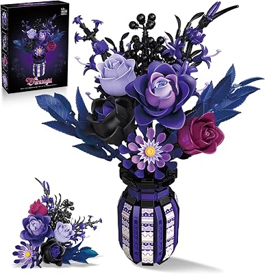 Flowers Bouquet Building Set Roses Purple Compatible with Lego Botanical Collection Gothic for Women Adults Girls 14 Home Office Decor