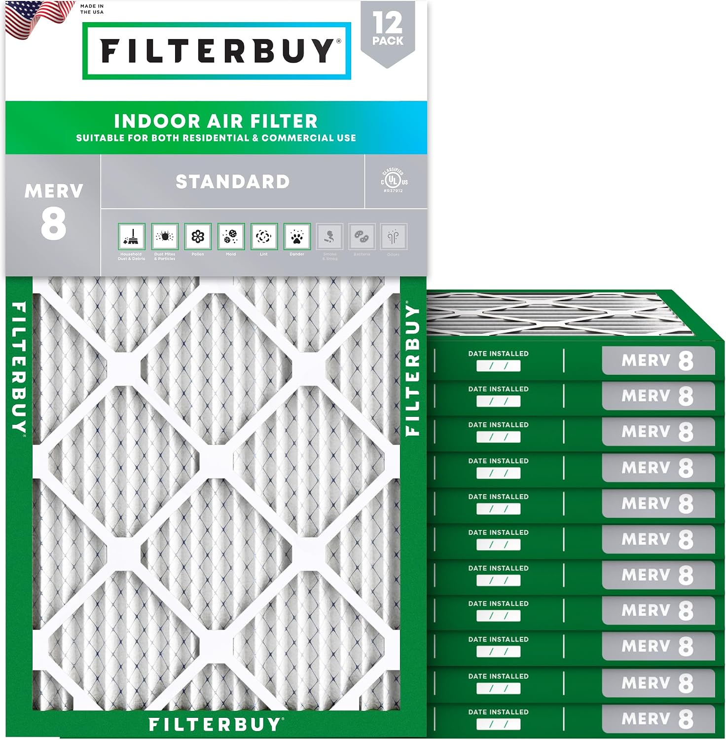 Filterbuy 14x24x1 Air Filter MERV 8 Dust Defense 12-Pack, Pleated HVAC AC Furnace Air Filters Replacement Actual Size: 13.38 x 23.38 x 0.75 Inches