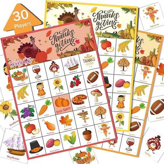 VESPRO 46PCS Thanksgiving Bingo Game Cards for 30 Players Thanksgiving Day Party Games Fall Bingo for Kids Party Classroom Activities, 1.7