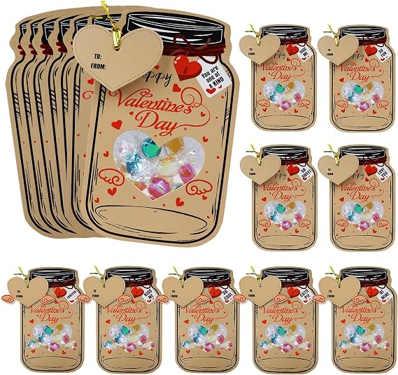 50 Pack Mason Jar Valentines Day Cards, Candy Gift Exchange Cards with Clear Treat Bags Happy Valentines Day for Party Favors (Candy Not Included)