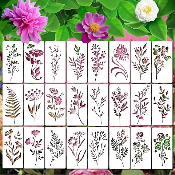 24 Pieces Wildflower Stencils for Painting, Reusable Leaf Flower Stencil Art Drawing Templates DIY Crafts Floral Plant Herb Stencil for Painting on Wood Wall Door Canvas Home Decor