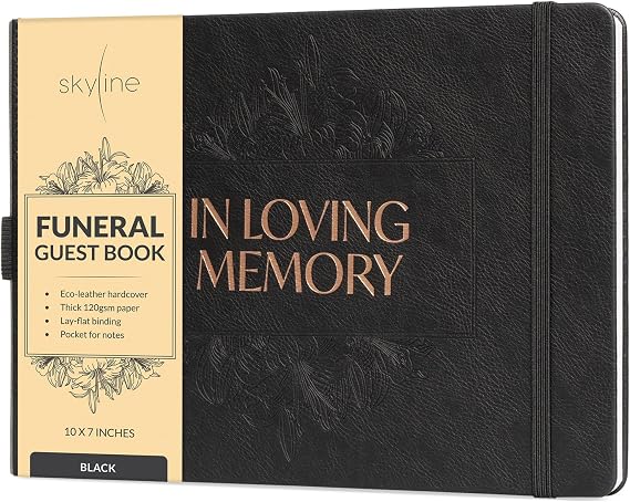 Skyline Funeral Guest Book, Memorial Service Sign-In, Black | 10x7 in, 610 entries, Eco leather hardcover, Personalized celebration of life guestbook, Memory book & condolence register