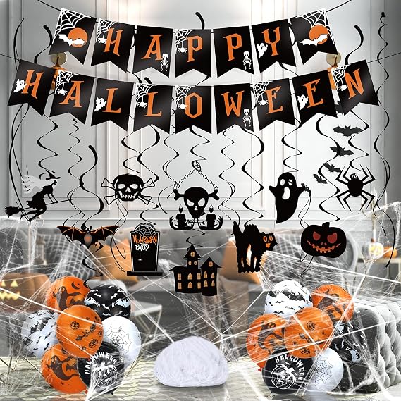Halloween Party Hanging Decorations Kit- Hanging Swirl, Banner, Balloons with Spider Web Stretchable Cobweb for Halloween Indoor Outdoor Decoration