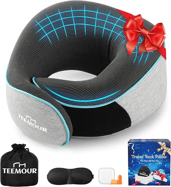 Travel Pillow-Neck Pillows for Airplanes, Memory Foam Travel Neck Pillow for Long Flights|Airport Travel Essentials 360 Support Gifts for Travellers With Eye Mask & Earplugs, Portable Carry Bag