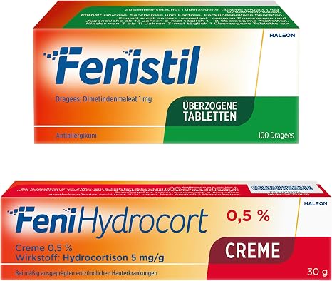 Allergy & Skin Care Set: Fenistil Dragees (100 Pieces) Against Runny Nose & Itching + FeniHydrocort Cream 0.5% (30 g) for Skin Inflammation Itching Swelling & Redness