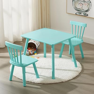 VECELO Kids Table and Chair Set, Wooden Children Playroom Furniture, Windsor Design, Compact Size, Easy Assembly, Green