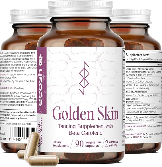 Ecosh Golden Skin Tanning Supplement for Women & Men Potent Tanning Pills with Beta Carotene, Lutein & L-Tyrosine for Skin Health | Natural Antioxidant Supplement & Tanning Vitamins | 90 Capsules