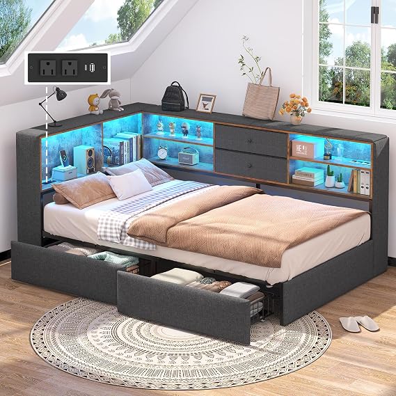 Twin Corner Bed Frame with Storage Bookcase and 4 Drawers & LED Lights