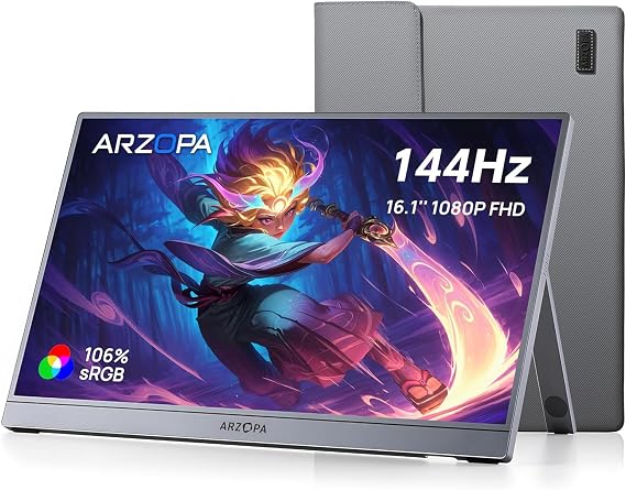 ARZOPA Z1FC GRAY 16.1 inch Mobile Monitor, 144 Hz, 1ms Gaming Monitor, 1920 x 1080 FHD, Gaming Monitor, Non-glossy IPS LCD Panel, Switch Display, Freestanding, HDR Mode Compatible, Blue Light Function