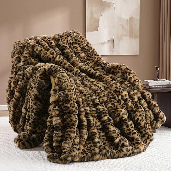 Smoofy Faux Fur Throw for Couch - Leopard Brown Bubble Blanket 50"x60" | Fluffy Plush Fuzzy Cheetah Throw for Sofa & Bed, Super Soft Cozy Comfrt Blanket,Luxury Aesthetic Leopard Decor Gift for Women