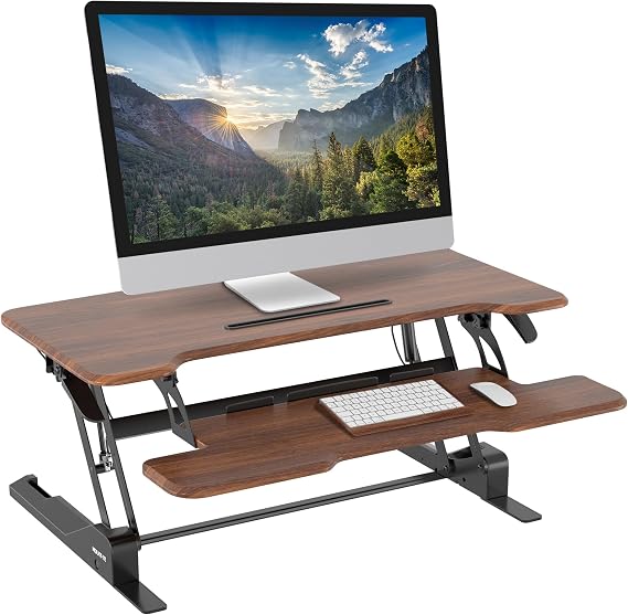 Mount-It! Large 38 Inch Standing Desk Converter, Sit Stand Desk Riser for Dual Monitors with Keyboard Tray, Height Adjustable Desktop Workstation, Easy Lift Gas Spring, Rustic Walnut Brown