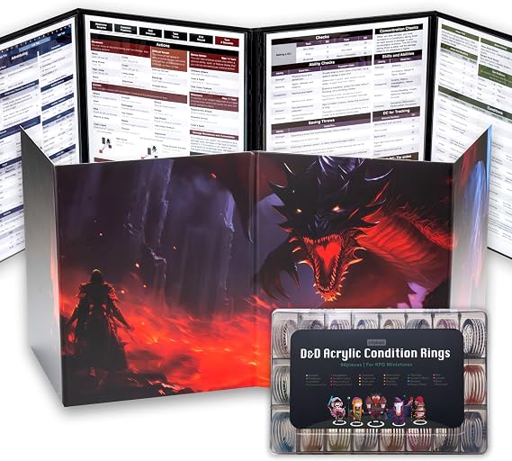 Tidyboss DND 4-Panel Master Screen with 96 PCS Status Effects Condition Rings