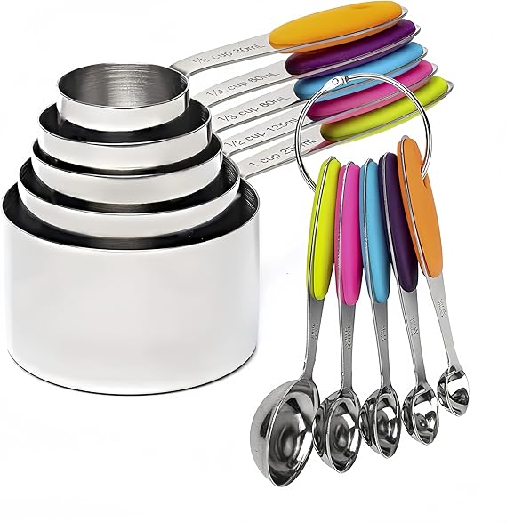 RUNZI 10 Pcs Measuring Cups and Spoons Set,Stackable Metal Measure Cup for Measuring Dry and Liquid Ingredients,Used Kitchen Dry Food, Cooking Baking Measurements,Silvery