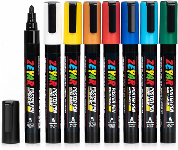 ZEYAR Poster Pen Paint Marker Pen, Acrylic Water-based ink, Medium Bullet Point 2-2.5mm, Great for Art & Crafts use on Poster Paper Cardboard Wood Metal Glass Fabric Rock Ceramic