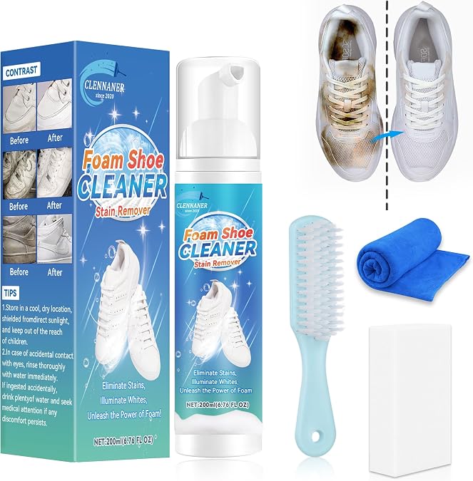 White Shoe Cleaner, 6.76 Oz Shoe Cleaning Kit with Brush and Towel, Sneaker Cleaner Work on Leather, Knit, Canvas, Suede, PU