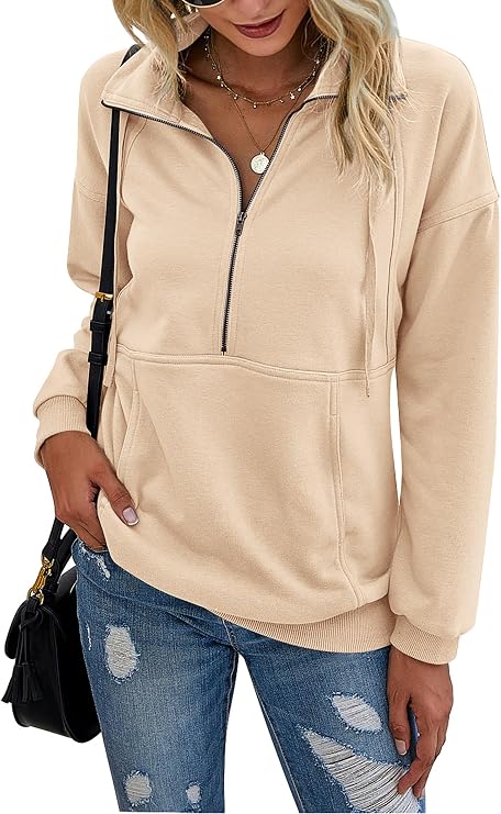 PRETTYGARDEN Women's Casual Long Sleeve Sweatshirt Half Zip Pullover Tops | Drawstring Lapel Collar Cute Sweatshirts, Kangaroo Pocket, Comfort Soft Loose Fall Outfits, Travel Airport Fashion Clothing