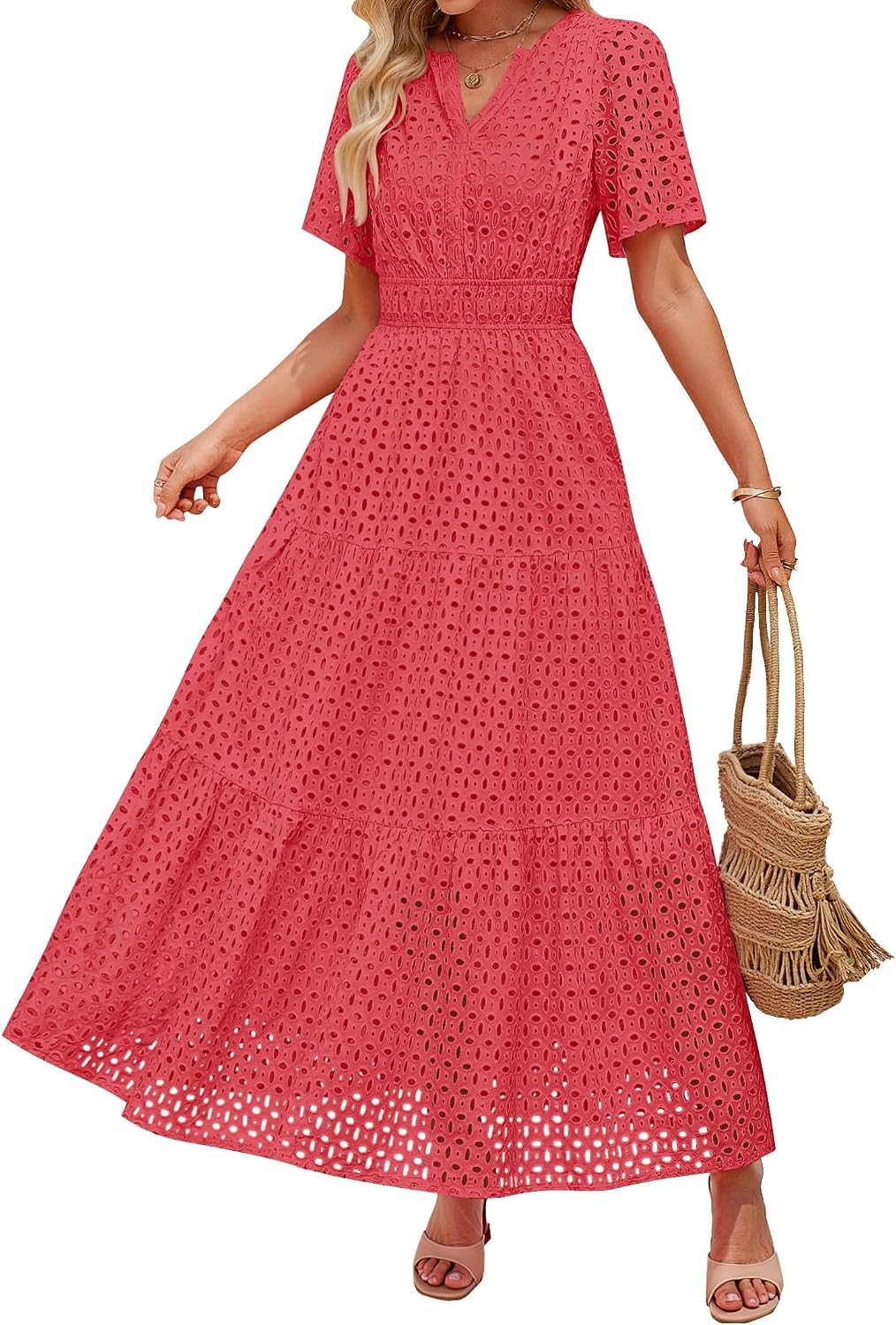 ZESICA Womens 2025 Summer Short Sleeve Maxi Dress Casual V Neck Hollow Out Eyelet Ruffle Swing A Line Long Dresses