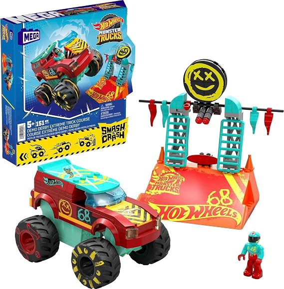Mega Hot Wheels Monster Trucks Building Toy Demo Derby Extreme Stunt Set with 151 Pieces and 1 Micro Action Figure Red Gift Ideas for Children HNG53
