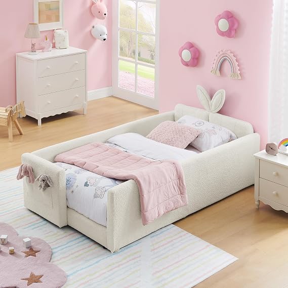 Yoglad Twin Size Upholstered Platform Bed Frame with Rabbit Ear Headboard, Boucle Fabric Kids Daybed with Safety Rail and Pocket, Twin Bed Frames for Girls Boys, No Box Spring Needed(Beige)