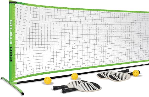 Pro Focus Pickleball Net Set Includes 4 Player Wooden Pickleball Paddles and 3 Pickleballs; Outdoor and Indoor Fun for Adults and Families, All Skill Levels