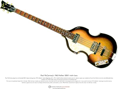 Art Poster 1963 Hofner 5001 Violin Bass Guitar by Paul Mccartney, A3 Size