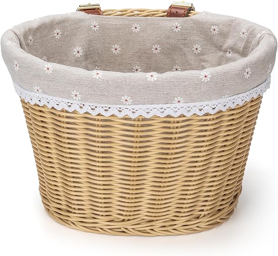 CXWXC Bike Basket - Front Bicycle Bike Basket for Girls Women - Handmade Woven Wicker Bike Baskets with Liner Detachable, Adjustable PU Straps