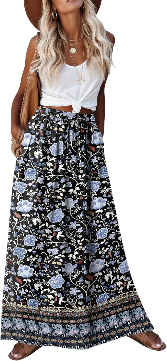 Zeagoo Women's 2026 Boho Floral Skirt Casual Elastic High Waist Maxi Skirts Flowy A Line Beach Long Skirt with Side Pockets