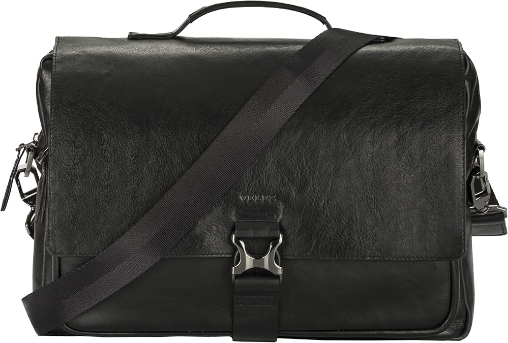 VELEZ Full Grain Leather Messenger Bag for Men - 15" Black Laptop Briefcase Jet Black