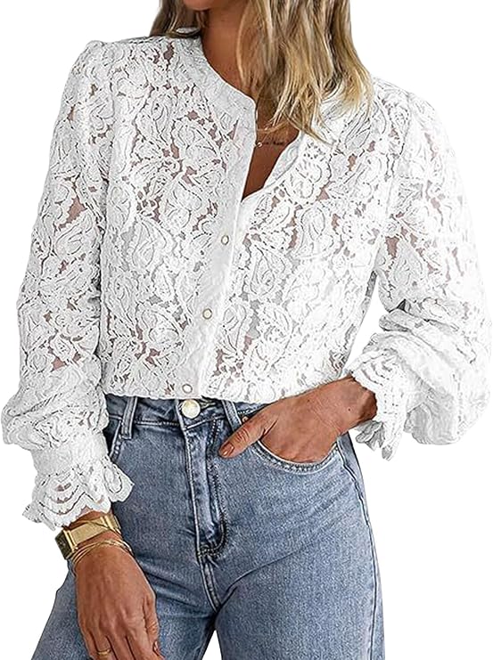 Women's Dressy Casual Lace Blouse Long Sleeve Button Up Shirts Tops Spring Fall Fashion Clothes White