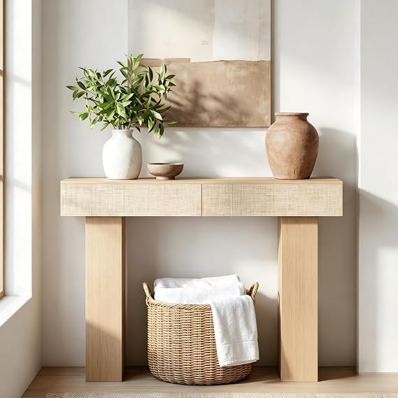 Console Table with 2 Rattan Drawers, Wooden Sofa Table