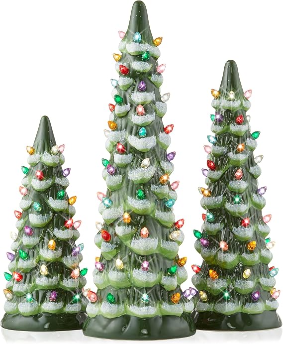Casafield Set of 3 Hand Painted Ceramic Christmas Tree - Green Snow Flocked Pre-Lit 8, 10, 12-Inch Trees with Multi Color Lights