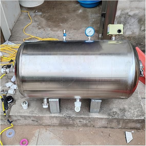 Well Pressure Tank 100L 160L 200L 250L 300L 500L, Stainless Horizontal Water Pressure Tank for Sprinkler/Water System, Water Wells Storage Containers with Air Release Valve & Removable Base(25