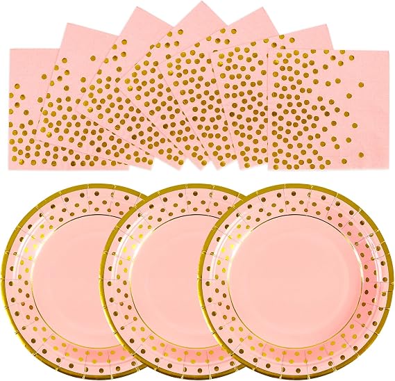 50 Pack Paper Plates & Napkins - 25 * 7inch Dessert Plates & 25 * 6.5inch Napkins - Baby Showers, Wedding Party Decorations (Pink-Gold)