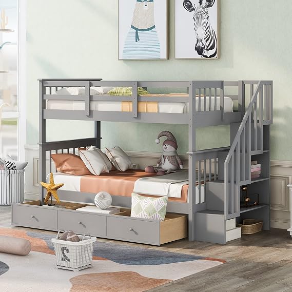 Twin Over Twin Bunk Bed with Stairs and 3 Storage Drawers, Solid Wooden Bunk Bed Frame with Storage, Twin Size Bunk Bed for Kids, Teens, Adults, Bedroom, Dorm. No Box Spring Needed (Gray)
