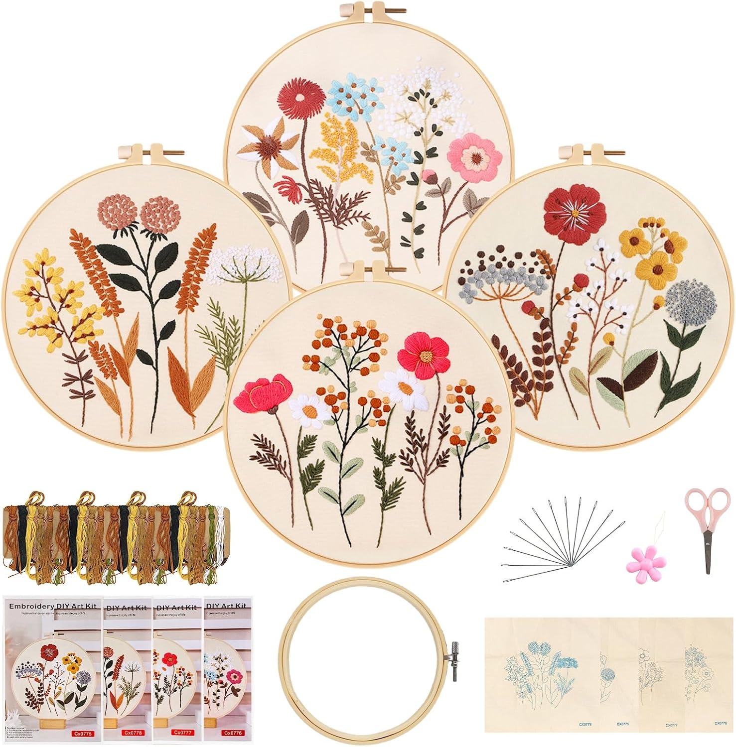 Joyeee Embroidery Set Adults Embroidery Set for Beginners Embroidery Kit 4 Pieces Floral Pattern Plants Cross Stitch Embroidery Set with Embroidery Templates Embroidery Hoop Colour Threads