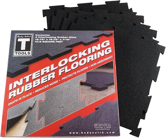 Body-Solid Interlocking Puzzle Rubber Flooring Pack of 4 - Premium Gym Floor Mats for Home Gyms, Exercise Equipment, Workout Room - Durable, Heavy Duty Rubber Tiles for Garage Gym Flooring