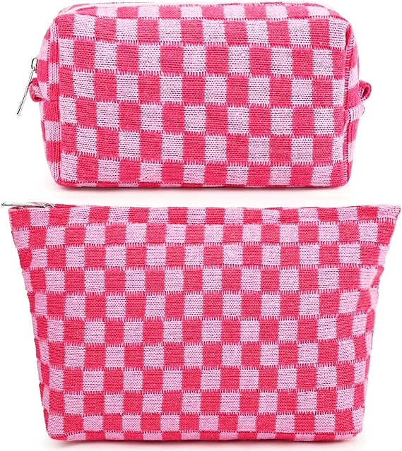 Fammart Checkered Makeup Bag, Corduroy Travel Cosmetic Bag Organizer Toiletry Bag Make Up Bags with Zipper & Compartments for Women Girls
