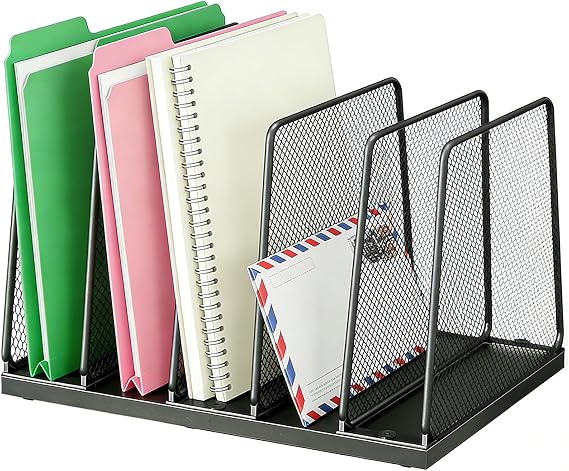 AUPSEN 5-Section File Organizer for Desk, Wood Mesh Desktop File Organizer, File Sorter Storage Rack, Vertical Folder Holder for Files, Magazines, Books (Black)