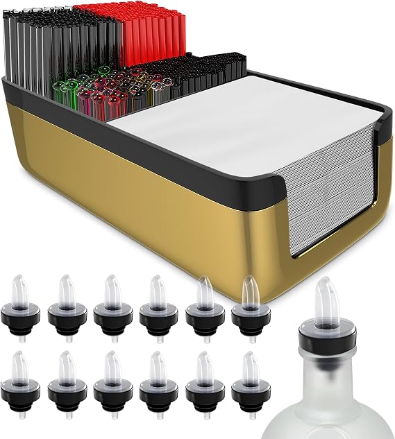 Esatto Professional Bar Products Premium Bar Caddy (Gold), Used to Easily Organize Bar Items and Workspace, With Additional 12 Pourers For Precision Pouring and 12 Pourer Covers