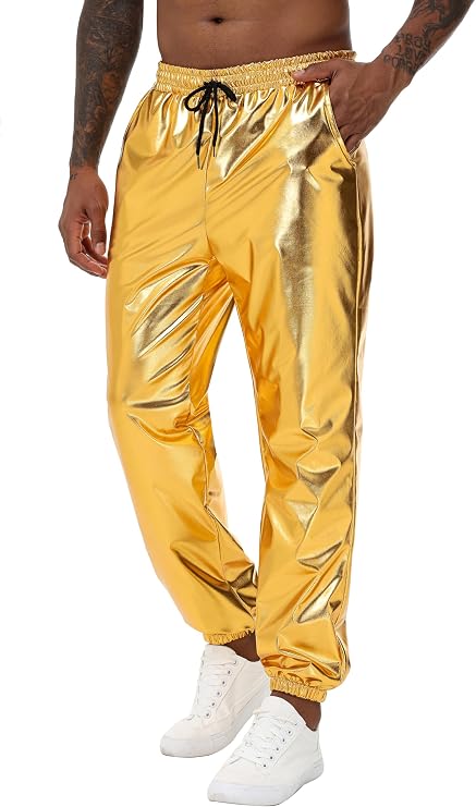 NewL Mens Gold Metallic Shiny Rave Night Club Pants Comfort Sweatpants